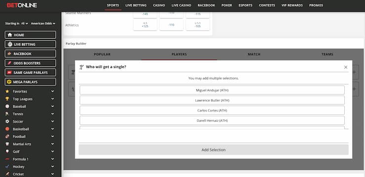 An image of MLB player prop betting options at BetOnline.